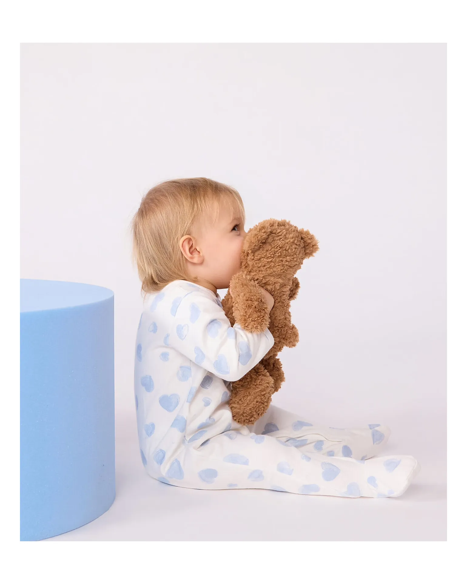 Tutina Intera in Tessuto Felpato Spazzolato - Bianco con Cuori Azzurri - 100% Cotone