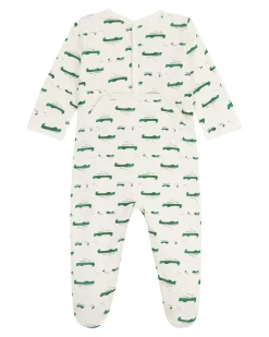 Tutina Intera in Tessuto Felpato Spazzolato - Bianco con Coccodrilli - Aperto sulla Schiena - 100% Cotone